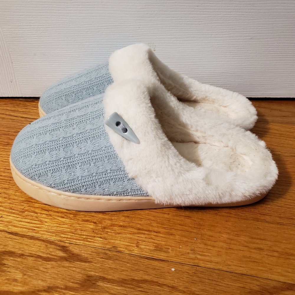Blue fuzzy slippers